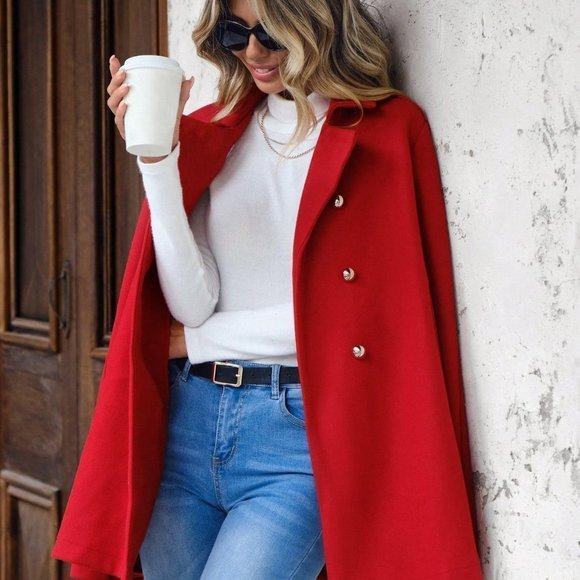 Red Casual Womens Lapel Neck Double Breasted Cape Overcoat - Picture 3 of 6